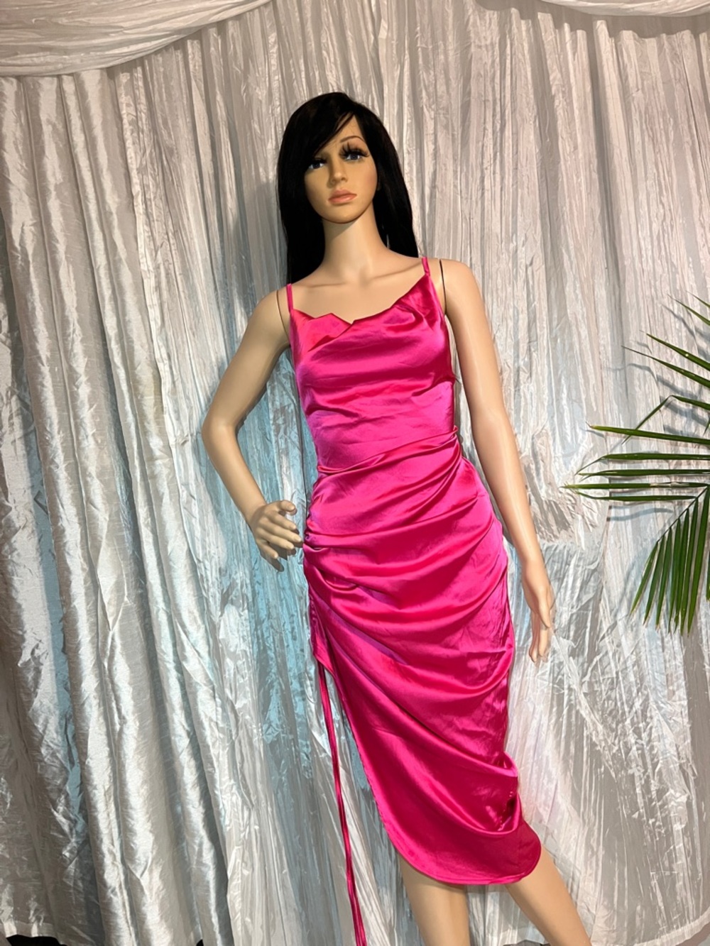 Fuchsia Satin Cowl Slip Dress with Side Ruching
